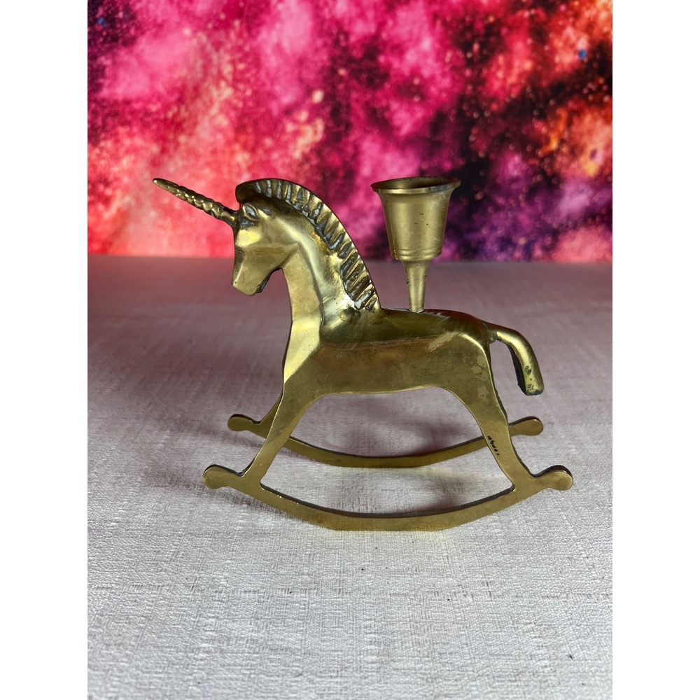 Vintage Brass Unicorn Rocking Horse Taper Candle Holder Whimsical Decor